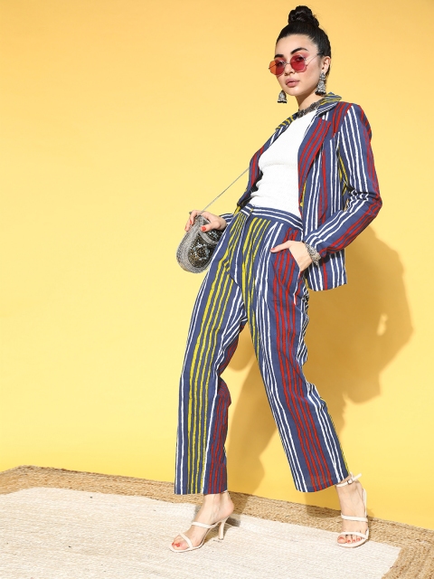 

Luni Women Stunning Blue Striped Coat with Trousers