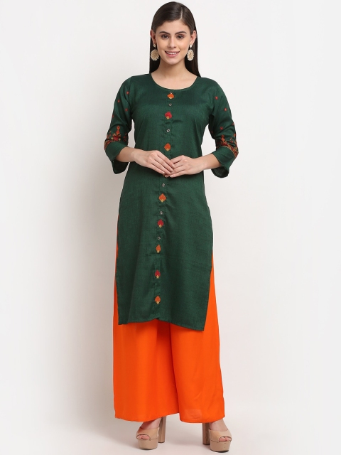 

GRACIT Women Green Ethnic Motifs Embroidered Thread Work Cotton Silk Kurta