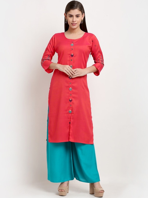 

GRACIT Women Peach-Coloured Thread Work Straight Kurta