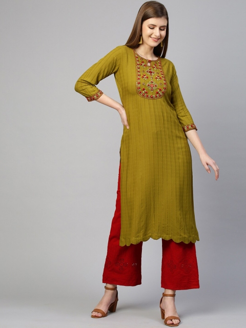 

FASHOR Women Olive Green Embroidered Thread Work Kurta