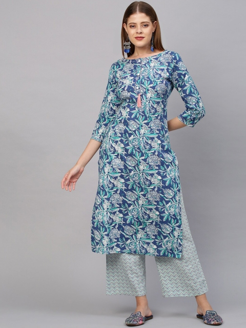 

FASHOR Women Blue Floral Printed Kurta with Trousers