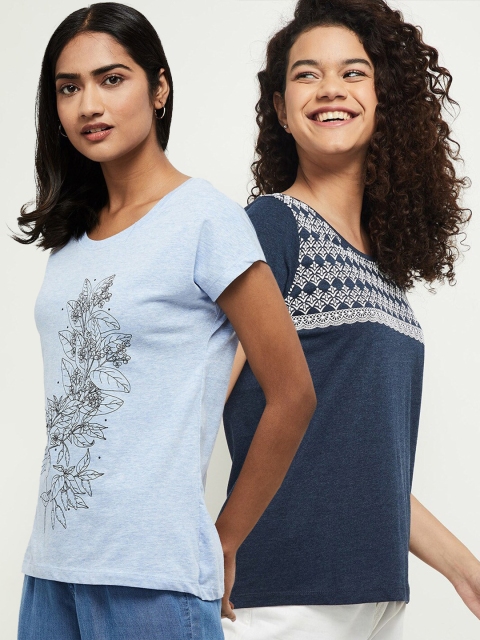 

max Women Pack Of 2 Floral Printed T-Shirt, Blue