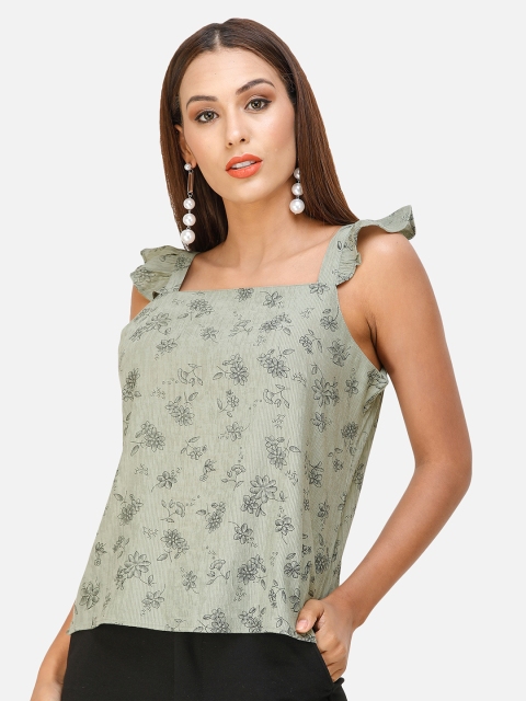 

DECHEN Women Green Floral Print Crepe Top