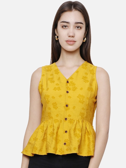 

DECHEN Yellow Floral Print Peplum Top