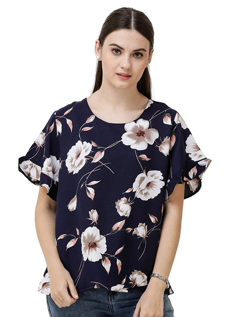 

DECHEN Navy Blue Floral Print Crepe Top