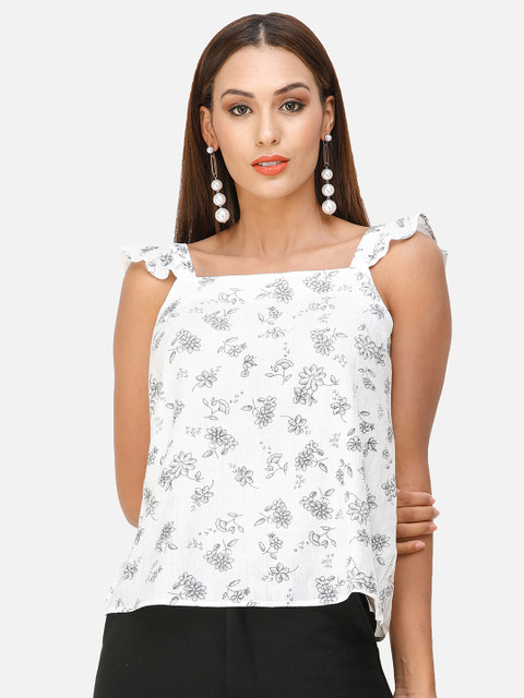 

DECHEN White & Grey Floral Print Crepe Top