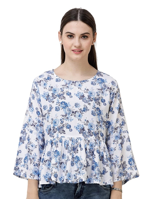 

DECHEN Blue Floral Print Peplum Top