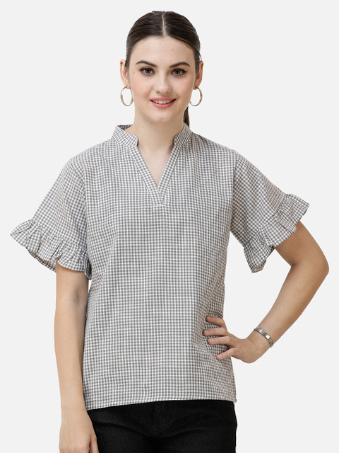 

DECHEN Women Grey Checked Mandarin Collar Flutter Sleeves Cotton Top