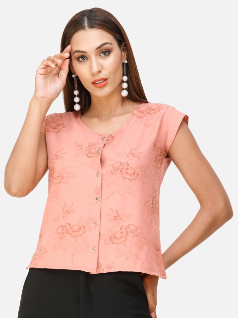 

DECHEN Women Orange Floral Print Cap Sleeve Top