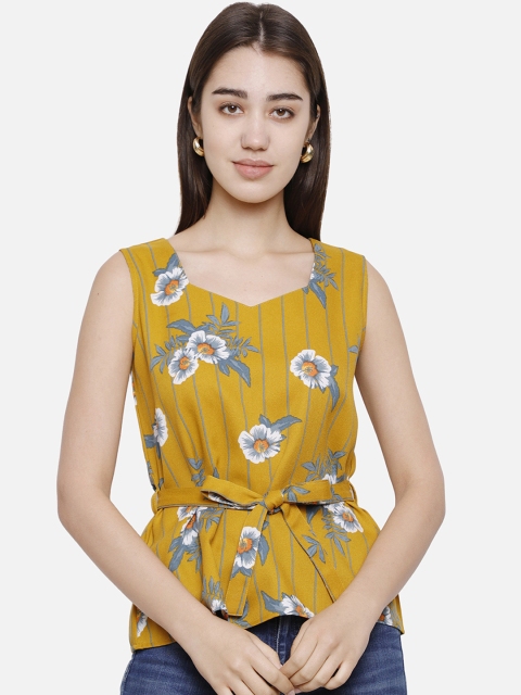 

DECHEN Mustard Yellow Floral Print Sweetheart Neck Crepe Top