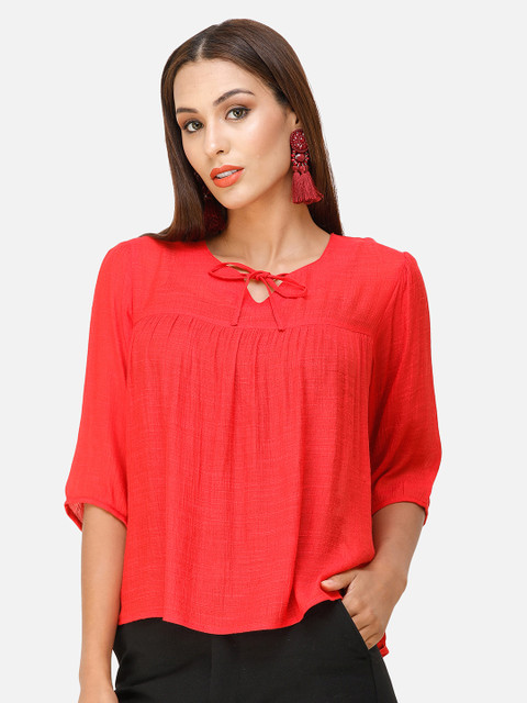 

DECHEN Women Red Tie Up-Neck Top