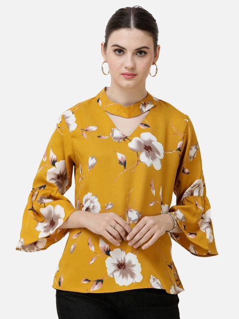 

DECHEN Mustard Yellow Floral Print Choker Neck Crepe Top