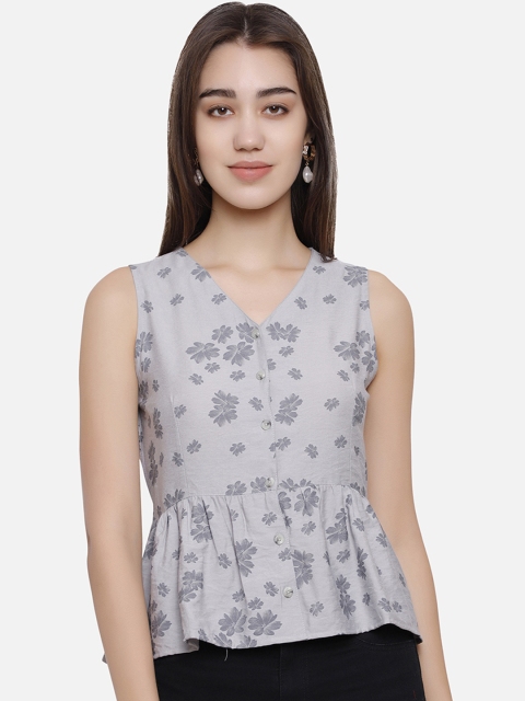 

DECHEN Grey Floral Printed Top