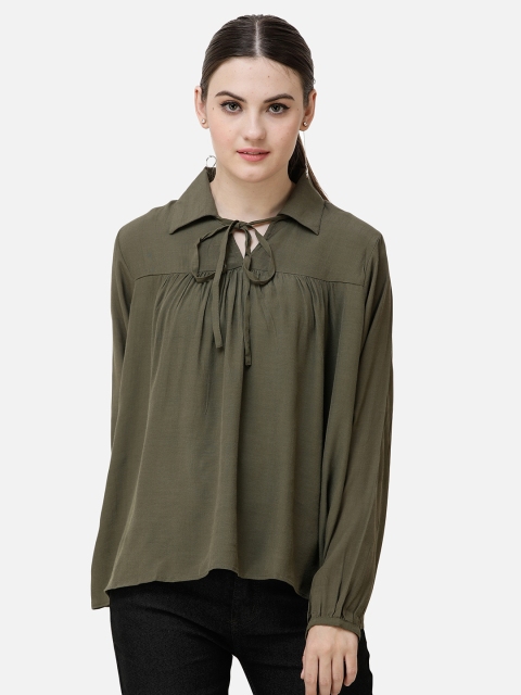 

DECHEN Olive Green Tie-Up Neck Boxy Top