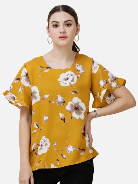 

DECHEN Mustard Yellow Floral Print Crepe Top