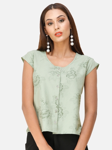 

DECHEN Green Floral Printed Top With Cap Sleeve