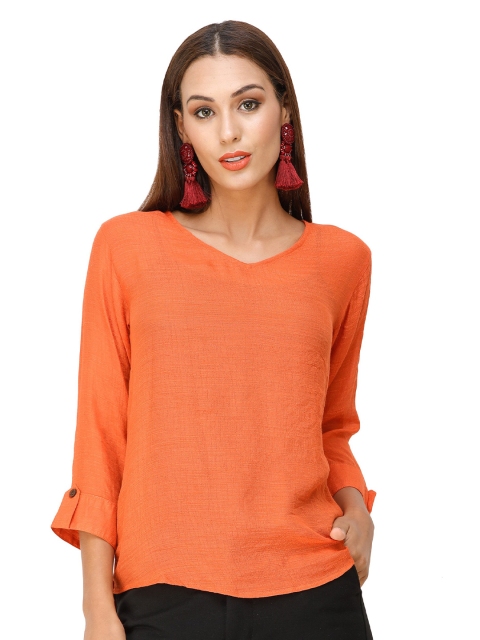 

DECHEN Orange Roll-Up Sleeves Top