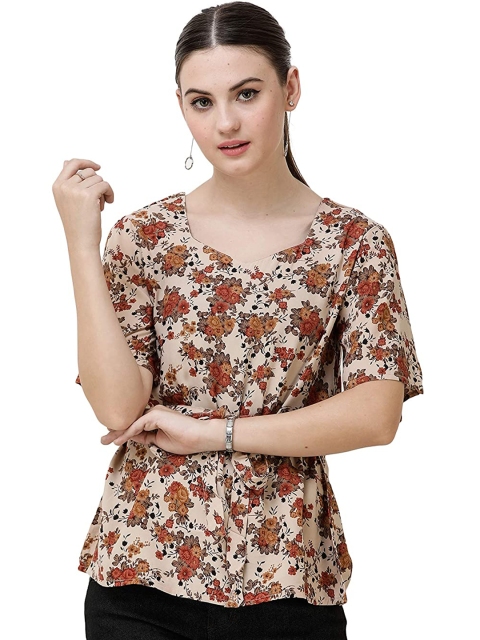 

DECHEN Orange Floral Print Blouson Top