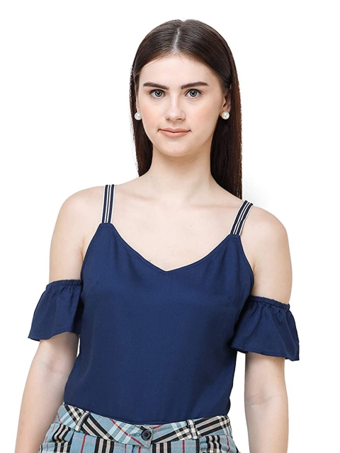 

DECHEN Navy Blue Solid Cold Shoulder Strappy Top