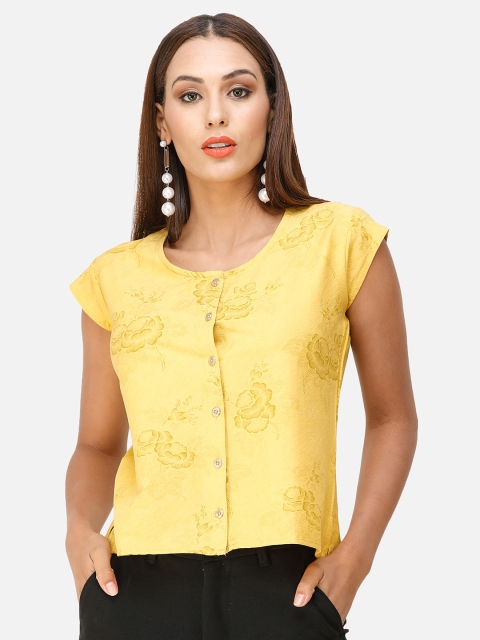 

DECHEN Women Yellow Floral Print Cap Sleeve Top