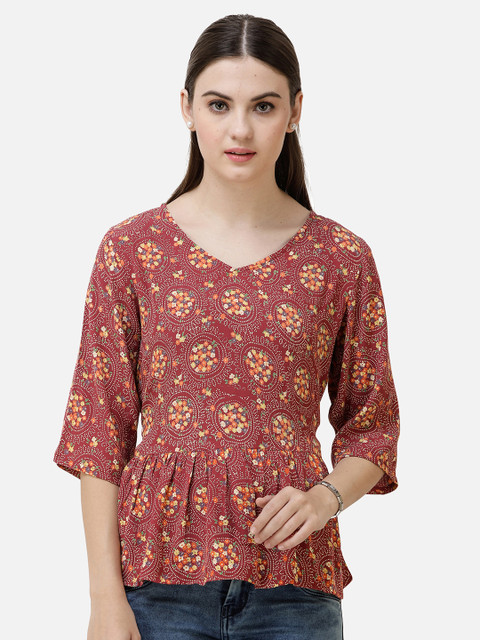 

DECHEN Red Floral Print Peplum Top