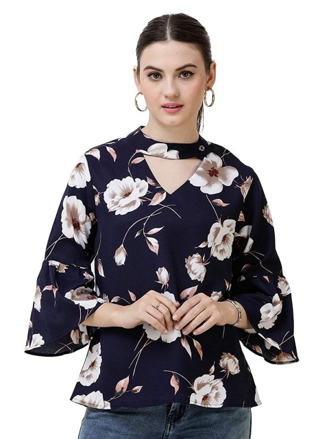

DECHEN Navy Blue Floral Print Choker Neck Crepe Top