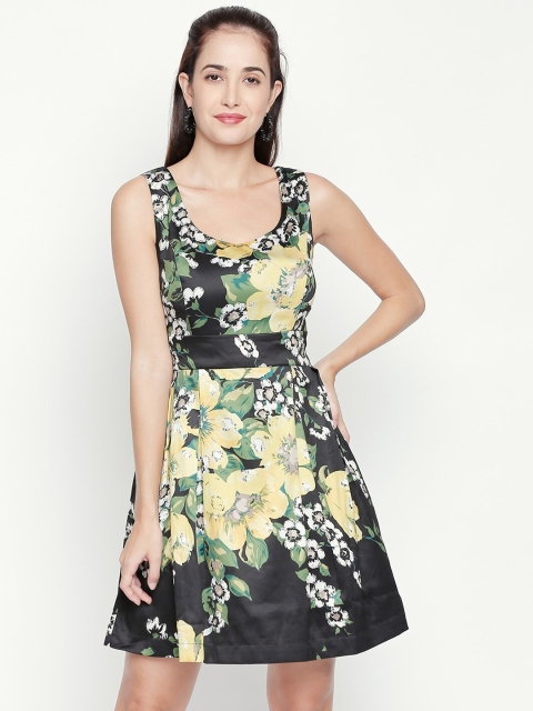 

aaliya Black Floral Satin Dress