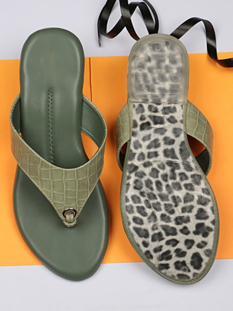 

THE WHITE POLE Women Green Printed Leather Ethnic Ballerinas with Bows Flats