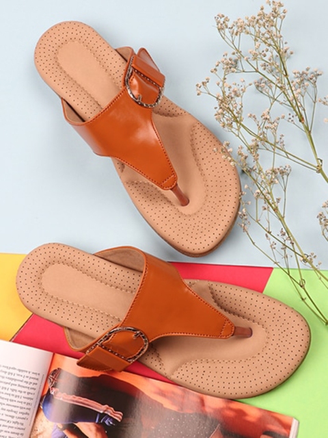 

THE WHITE POLE Women Brown Solid T-Strap Flats