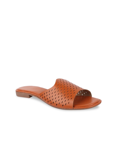 

THE WHITE POLE Women Brown Textured Leather Ethnic Open Toe Flats with Laser Cuts