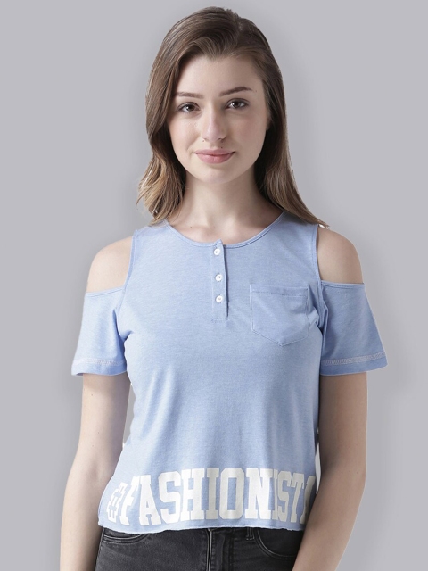 

The Vanca Women Blue Henley Neck Cold Shoulder T-shirt