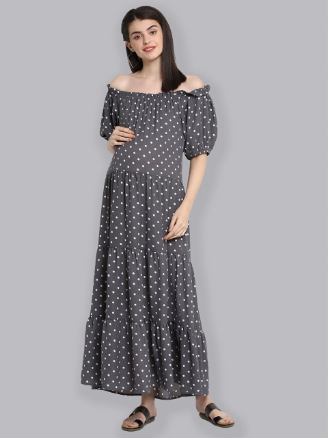 The Vanca Women Grey Polka Dot Printed Off-Shoulder Maternity Maxi Dress