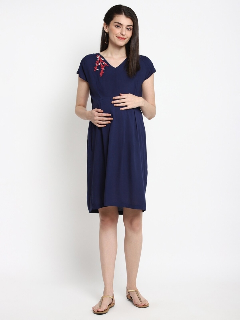 

The Vanca Blue V-Neck Pleated Maternity Dress With Embroidered Detail