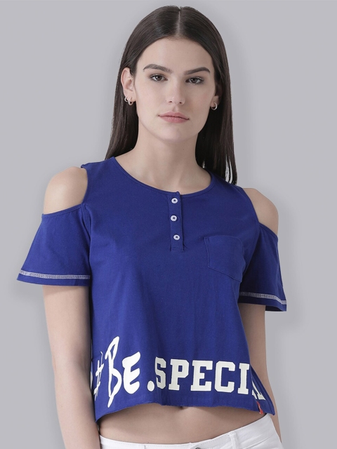 

The Vanca Women Blue Typography Printed Henley Neck Crop T-shirt