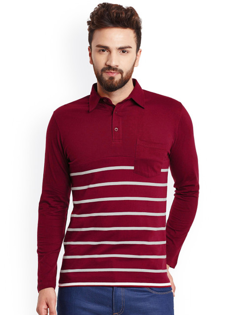 

Hypernation Men Maroon & White Striped Polo T-shirt