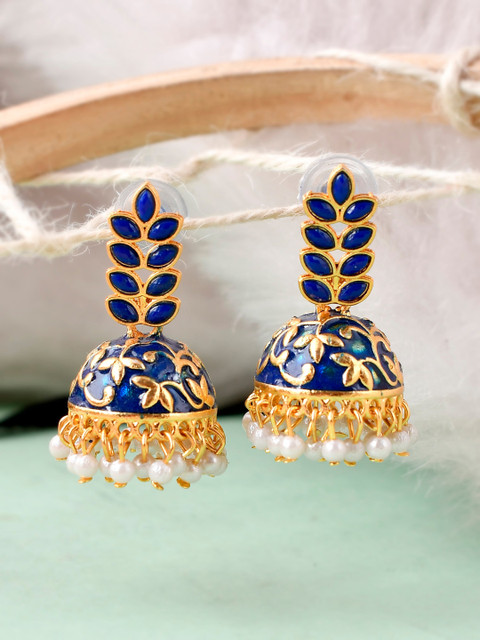 

Silvermerc Designs Navy Blue Gold Plated Contemporary Jhumkas Earrings