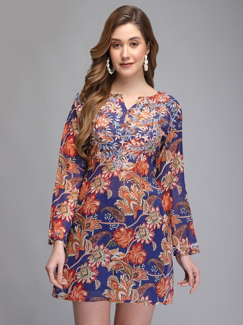 

Aditi Wasan Blue Tropical Print And Hand Embroidered Cotton Tunic
