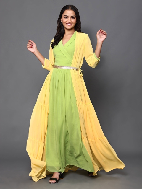 

KHUMAAR Shuchi Bhutani Green & Yellow Colourblocked Georgette Maxi Dress