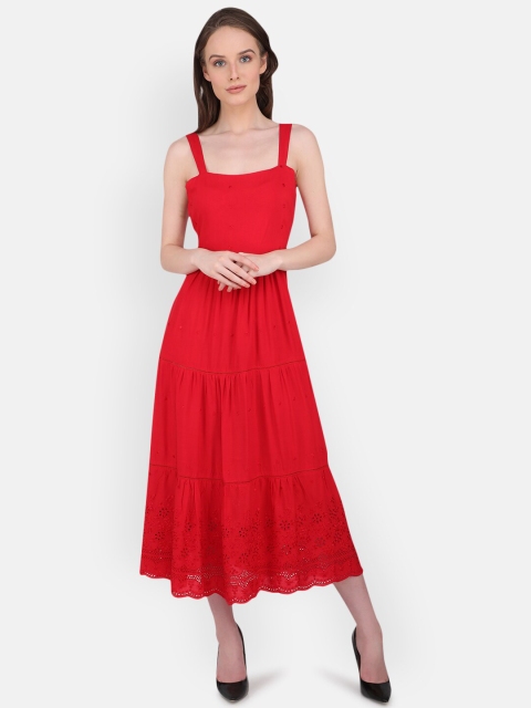 

MARC LOUIS Women Red Self Design Rayon Midi Fit & Flare Dress