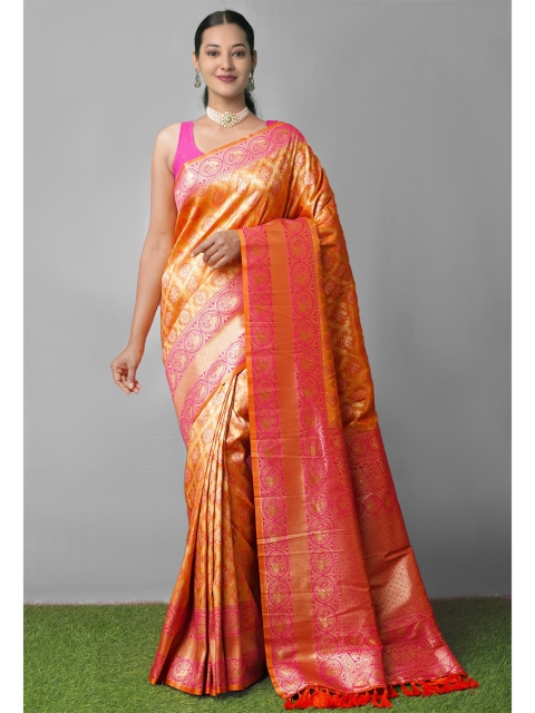 

Unnati Silks Orange Woven Design Zari Silk Blend Kanjeevaram Saree