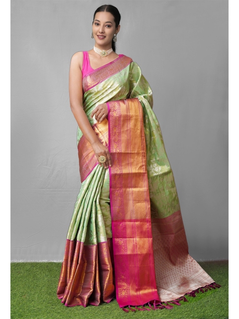 

Unnati Silks Green & Pink Woven Design Zari Silk Blend Kanjeevaram Saree