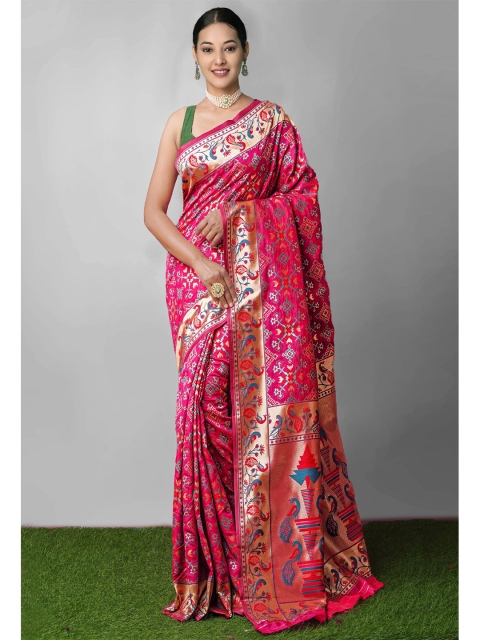 

Unnati Silks Pink & Blue Woven Design Zari Silk Blend Paithani Saree