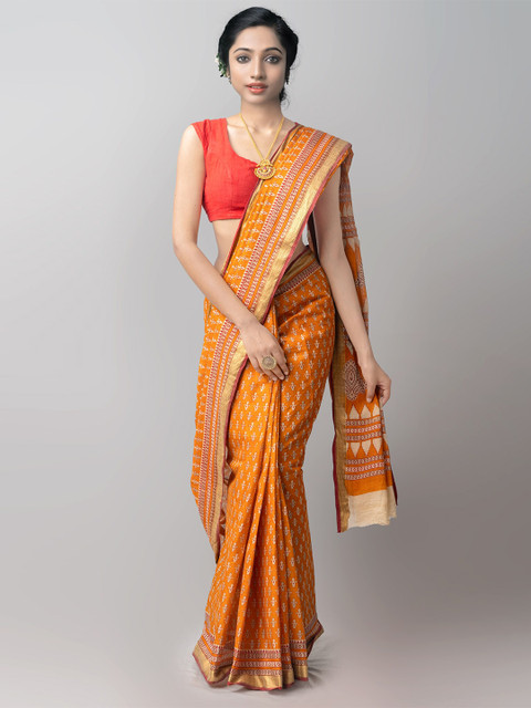 

Unnati Silks Orange & White Ethnic Motifs Pure Cotton Kovai Saree