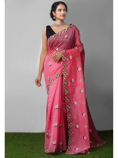 

Unnati Silks Pink & Black Floral Embroidered Patola Saree