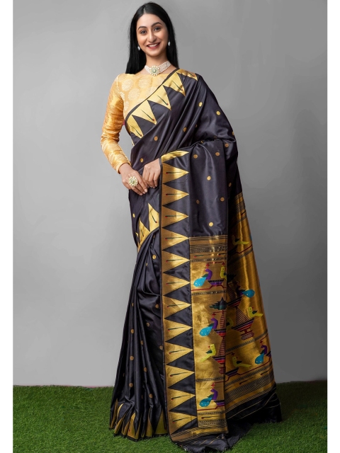 

Unnati Silks Black & Gold-Toned Abstract Woven Design Paithani Saree