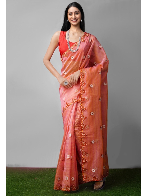 

Unnati Silks Pink Floral Embroidered Patchwork Patola Net Saree
