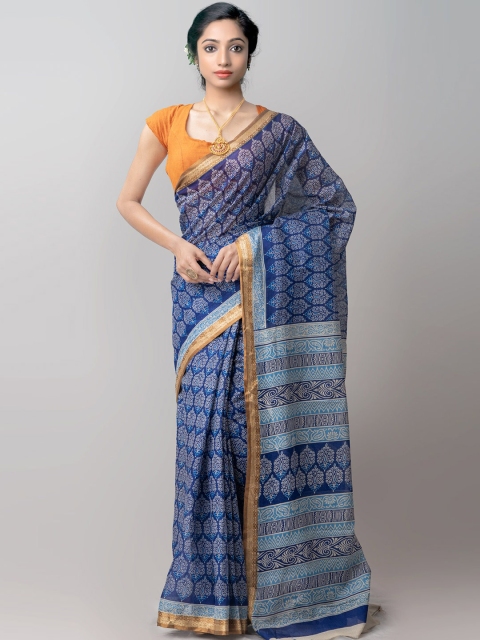

Unnati Silks Blue & White Ethnic Motifs Printed Pure Cotton Kovai Saree