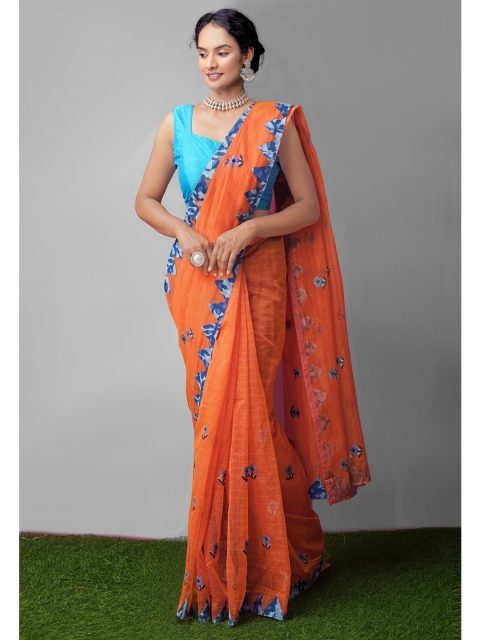 

Unnati Silks Orange & Blue Floral Net Patola Saree