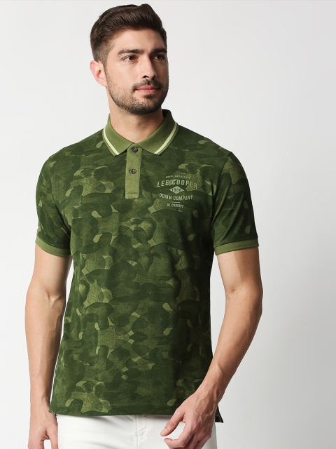 Lee Cooper Men Olive Green Abstract Printed Polo Collar Slim Fit Cotton T-shirt