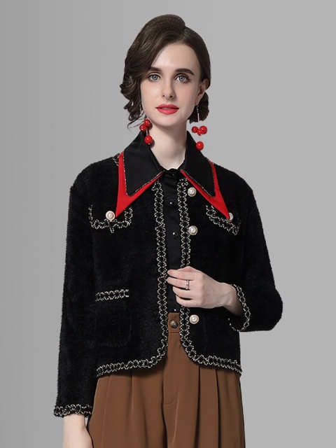 JC Collection Women Black Self Design Cardigan Sweater
